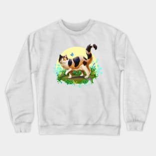 Fluffy Calico Cat with Butterfly Crewneck Sweatshirt